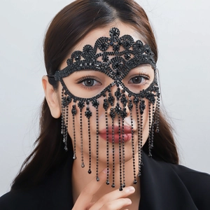 Rhinestone Masquerade Mask Copper Tassel Face Veil Shiny Hollow Out Sexy Party Jewelry For Women Black