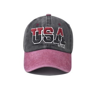 Close-up detail of USA STYLE 3D embroidery on vintage washed cotton baseball cap