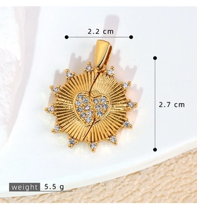 Macro view showing 2.2 cm by 2.7 cm sunray heart pendant with micro-pave zircons