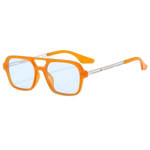 Retro double-bridge sunglasses with orange square frame and light blue lenses in a side view