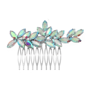 Bridal hair comb featuring silver base and marquise-cut AB crystals in elegant leaf design