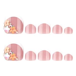 Pink striped French toe press-on nails set with 3D flowers and colorful rhinestones