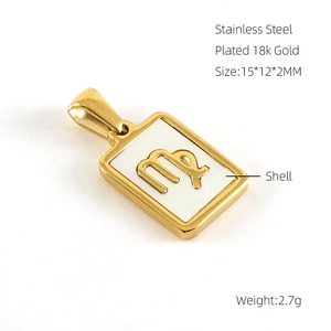 Detail of 18k gold plated square pendant with white shell and Virgo zodiac sign