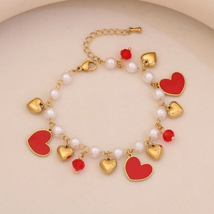 Cute cherry and strawberry beaded bracelet with pearls and red heart charms for women