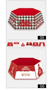 Detail of hexagonal Christmas tree skirts featuring various festive patterns and gnomes
