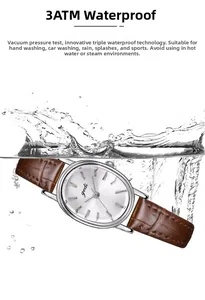 Detail of 3ATM waterproof quartz watch with silver oval dial and brown leather strap