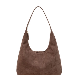 Large dark brown faux suede hobo tote bag for women in a minimalist fashion style