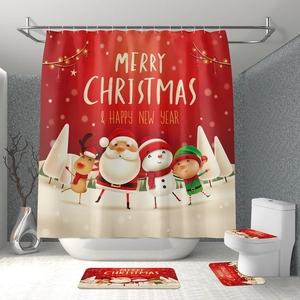 Detailed four-piece Christmas bathroom set with waterproof curtain and non-slip mats