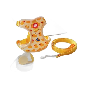 Adjustable yellow cat harness and leash set with cute duck pattern in breathable fabric