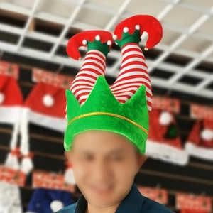 Funny Christmas elf leg hat featuring red and green stripes with bells for festive parties