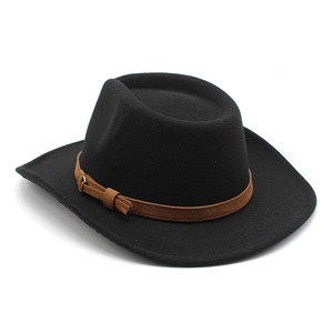 Detail of black wool fedora with brown buckled strap and distinct heart-shaped top crown