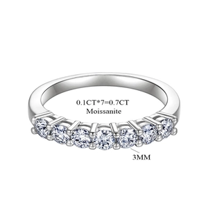 Detail view of seven 0.1ct moissanite stones set in a silver ring with measurement text