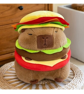 Detail of Capybara plush toy wearing a colorful hamburger costume and sun hat
