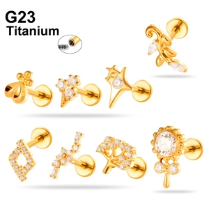 G23 Titanium Labret Stud Internally Threaded Cartilage Earring With Cubic Zirconia Heart Star Bee Tree Piercing Jewelry