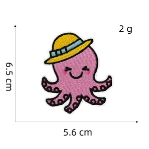Detailed view of pink octopus embroidery patch with yellow hat and size dimensions