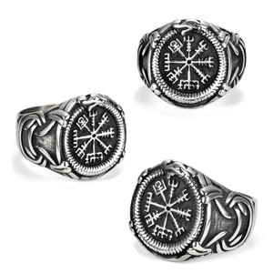 Viking Compass Ring Stainless Steel Ouroboros Nordic Rune Vegvisir Mythology Retro Silver Punk Style Jewelry For Men