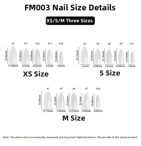 Detailed size chart for almond press-on nails including XS, S, and M measurements
