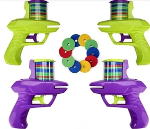 Set of four colorful disc launchers with multiple flying saucers for kids outdoor play