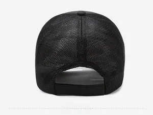 Detailed back view of black mesh baseball cap showing breathable texture and strap