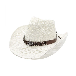 Detail of white crochet cowboy hat with hollow diamond patterns and studded leather band