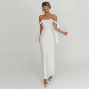 Elegant White Satin Wedding Dress With Artificial Pearl Straps Off Shoulder Bow Sleeves Mermaid Long Evening Gown For Women