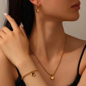 Heart Pendant Necklace Bracelet Earrings Stainless Steel Gold Plated Bead Ball Chain Fashion Elegant Jewelry For Women