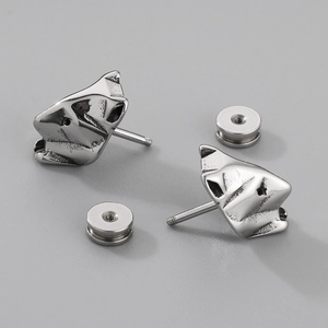 Macro shot of silver titanium wolf head stud earrings with secure screw back closure