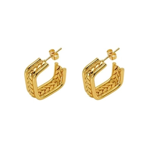 Detailed view of square gold titanium steel earrings with a sophisticated woven texture