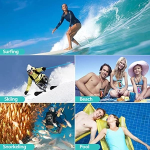 Collage of waterproof phone case usage in surfing, skiing, beach, snorkeling and pool
