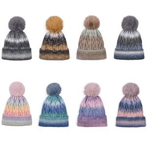 Winter chunky cable knit beanie collection with gradient colors and faux fur pom poms
