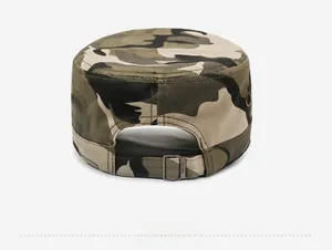 Rear view of camouflage flat top cadet hat featuring adjustable metal buckle and stitching