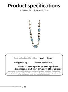 Detail view of blue cat eye stone chain necklace with dimensions and weight specs