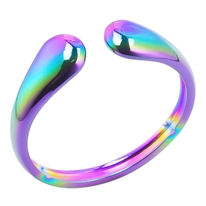 Macro detail of iridescent rainbow open ring with smooth liquid metal droplet design