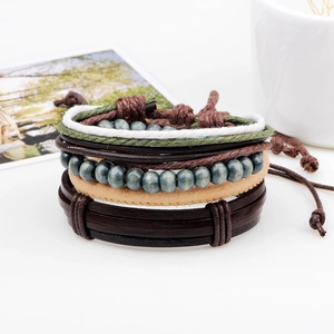 Men Vintage Multi-Layered Bracelets Leather Wood Beaded Wax Rope Bohemian Woven Handmade Jewelry