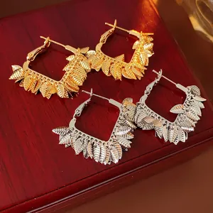 Leaf Tassel Square Hoop Earrings With 925 Sterling Silver Earring Post Copper Gold Plated Bohemian Jewelry Women