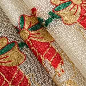 Beige Christmas tablecloth with luxury red and green floral embroidery and gold thread