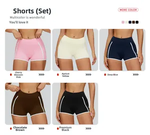 Détail du short de yoga extensible avec bordure blanche contrastée en cinq couleurs assorties