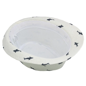 Detailed view of kids straw hat interior with shark print and 100 percent paper fiber tag