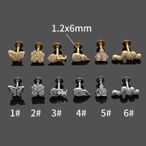Set of 12 stainless steel 1.2x6mm ear and labret studs in crown and wing designs