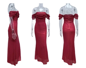 Vues détaillées d'une robe de soirée à paillettes rouges avec une coupe sirène chic
