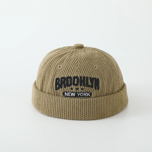 Detail of Brooklyn embroidery on khaki corduroy docker hat for boys aged 2-5