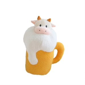 Creative cow plush toy in beer mug shape with soft fleece texture on white background
