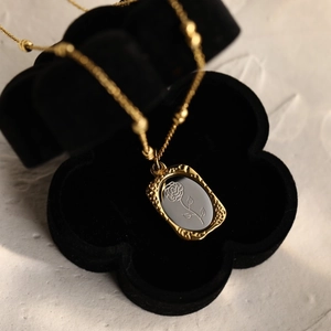 Vintage rose necklace pendant in a black flower velvet jewelry box with 18K gold finish