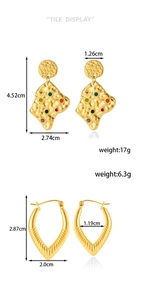 Detailed size specifications for gold geometric heart earrings with colorful zircons