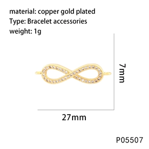Detail of 18K gold plated infinity charm with micro-pave cubic zirconia and dimensions