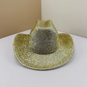 Detailed view of the sparkling gold tinsel fabric on this festive St. Patrick's Day cowboy hat