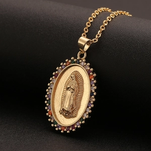 Religious Virgin Mary pendant necklace with colorful cubic zirconia and gold finish