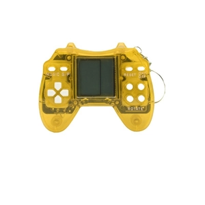 Mini yellow transparent handheld tetris game console with keychain on white background