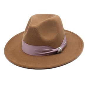 Detail of caramel wool fedora with purple satin ribbon and rhinestone buckle