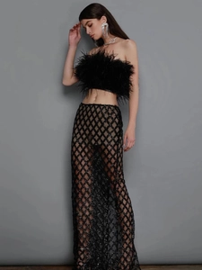Close-up of black sequin mesh skirt and ostrich feather tube top in high detail